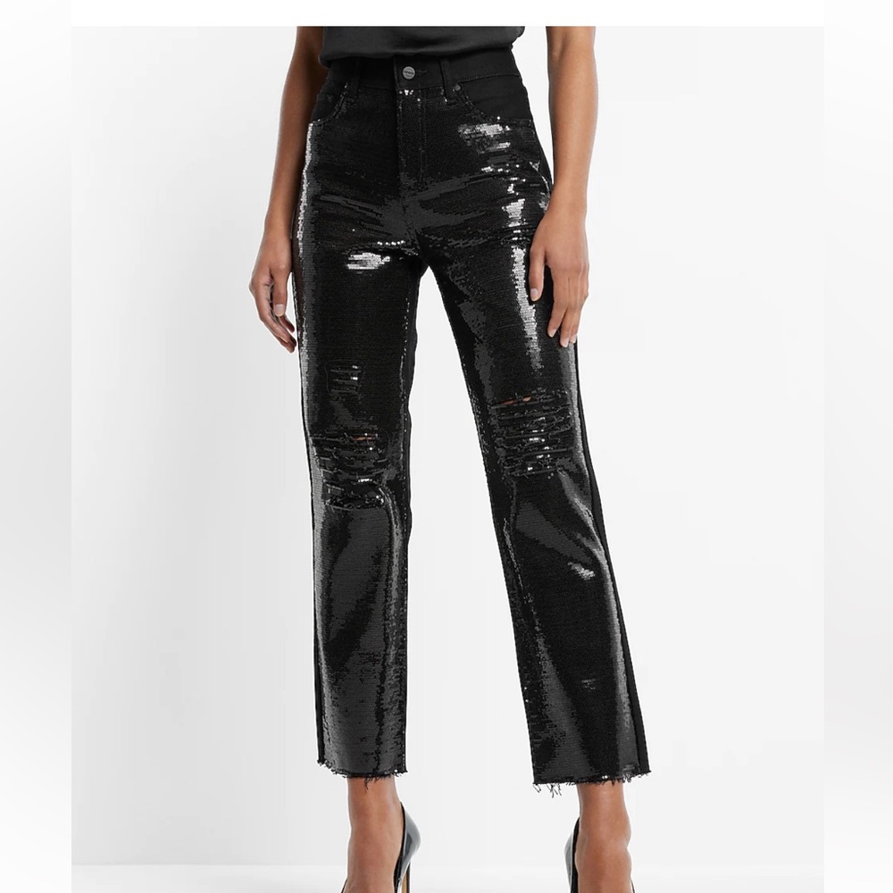 Express high waisted sequin front ripped raw hem straight ankle jeans NWT